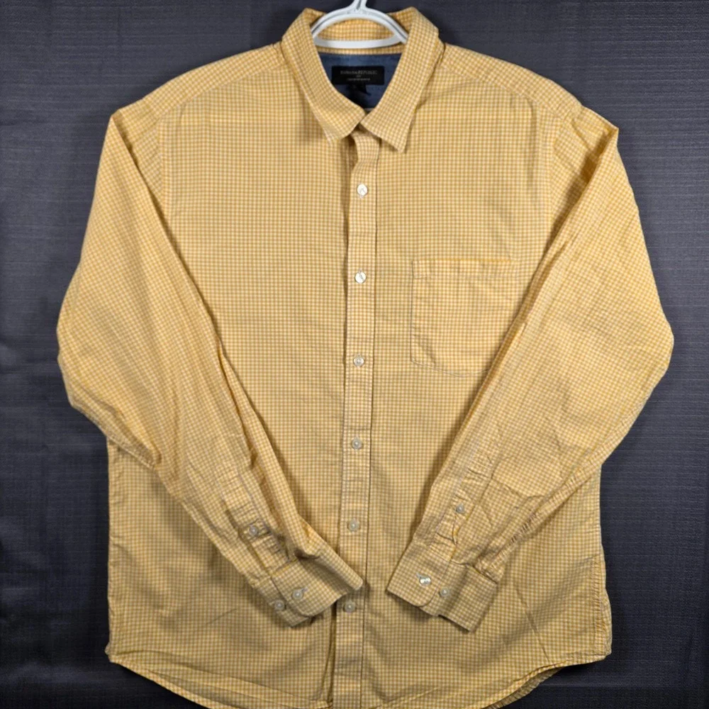 Banana Republic Mens Soft Wash Slim Fit Gingham Button Down Shirt Yellow Large